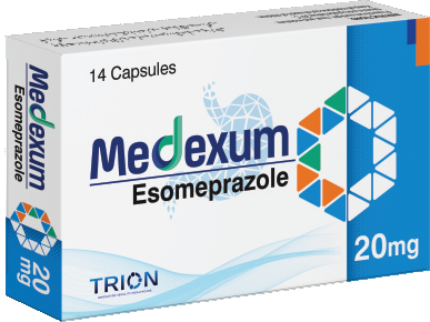 Medexum (Esomeprazole) 20 mg capsules pack, marketed by Trion Pharmaceutical