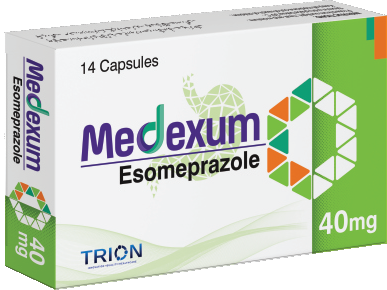 Medexum (Esomeprazole) 40 mg capsules pack, marketed by Trion Pharmaceutical