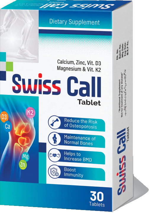 Swiss Call (Calcium + Zinc + Vitamin D3 + Magnesium + Vitamin K2) Tablets pack, marketed by Trion Pharmaceutical